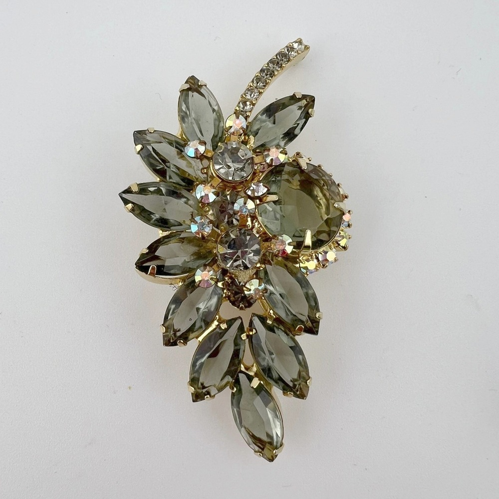 Vintage Smoky Rhinestone Brooch Gold Tone AB Crystal Floral Spray Pin MCM